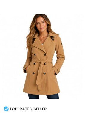 Womens Softshell Trench Coat Hooded Belted Rain Jacket Fleece Lined